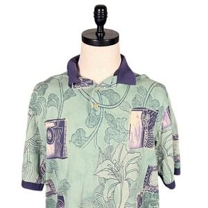Thomas E Wilson Mens XL Sage Green Purple Abstract Floral Cotton Polo Shirt